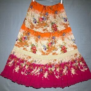 Forbidden womens vibrant boho tiered maxi skirt ruffles vintage gauzy gypsy sz L